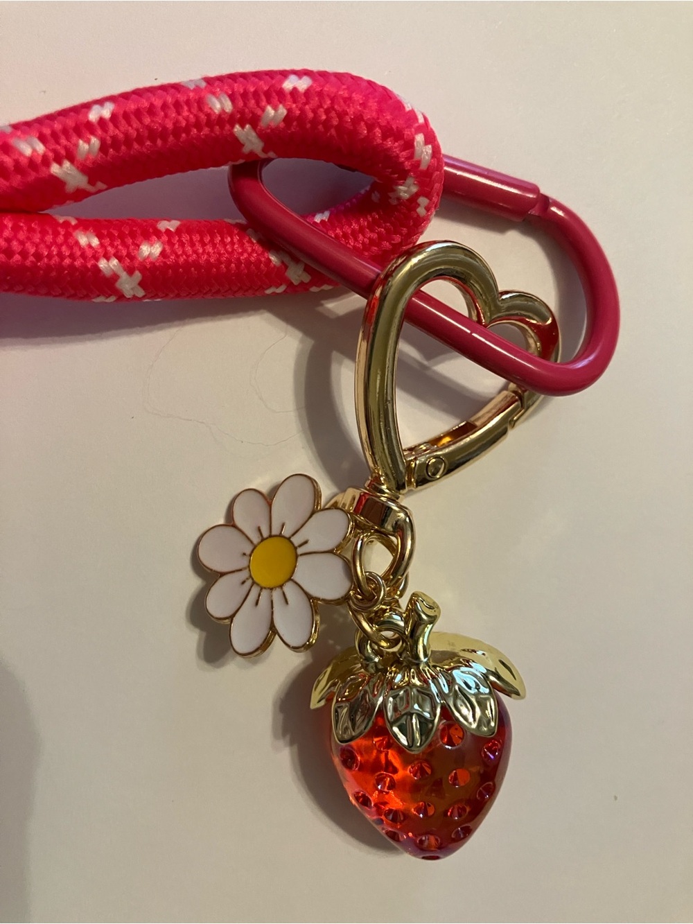 Madden Girl Bright Pink Knotted Rope Keychain with Strawberry & Daisy Charms